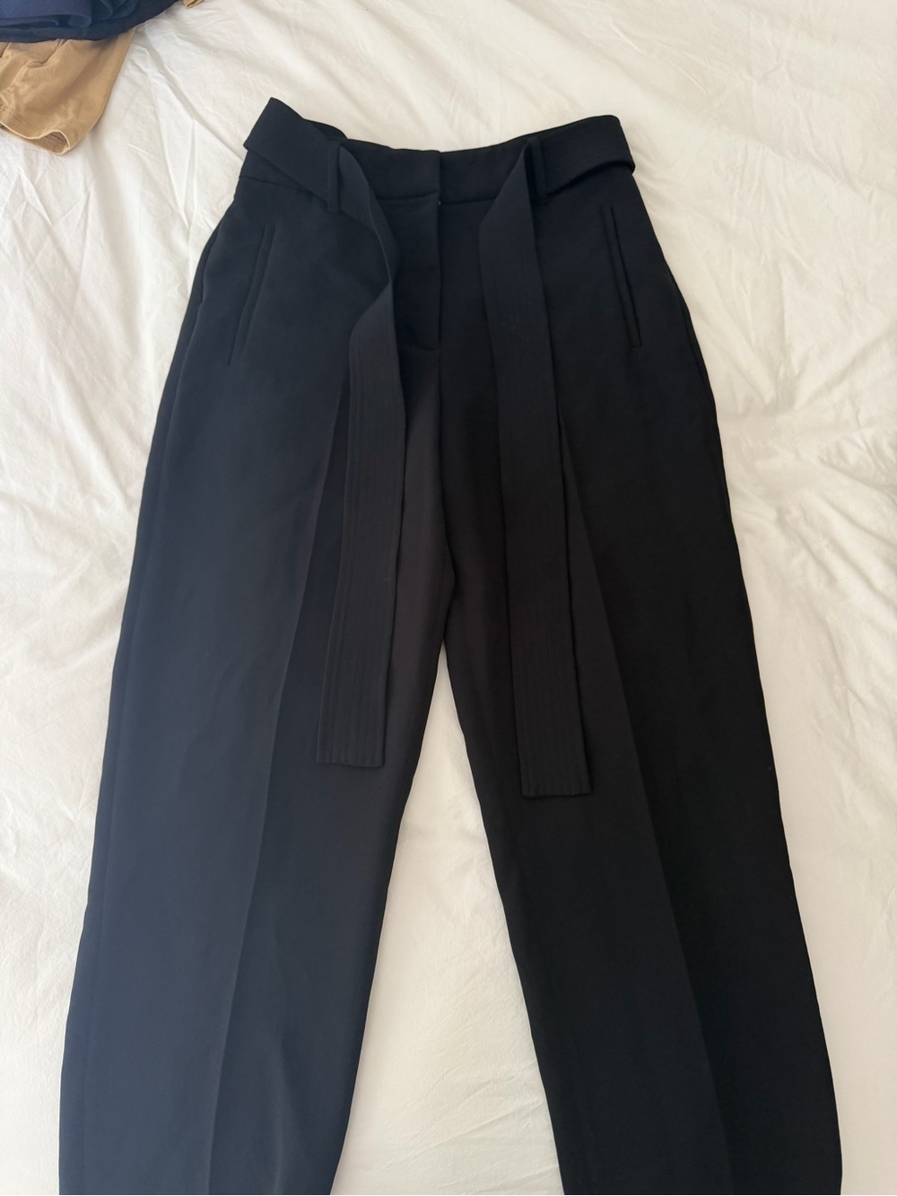 Aritzia Black High-Waist Paperbag Trousers with Tie Belt